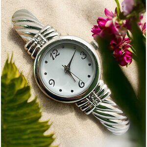 Vintage Silver Tone Cuff Watch Bracelet Rhinestone Accents Stainless Steel Back